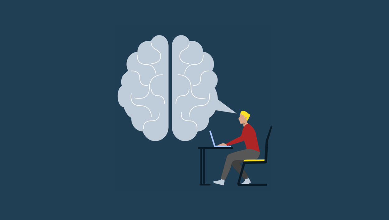 Ilustração de uma pessoa em frente ao computador e seu cérebro maximizado. Imagem remete aos gatilhos mentais usados no marketing.