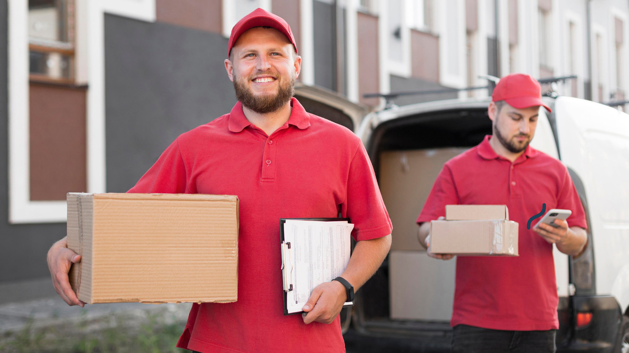 Dois entregadores com caixas nas mãos. Imagem simboliza a rastreabilidade de itens nas indústrias.