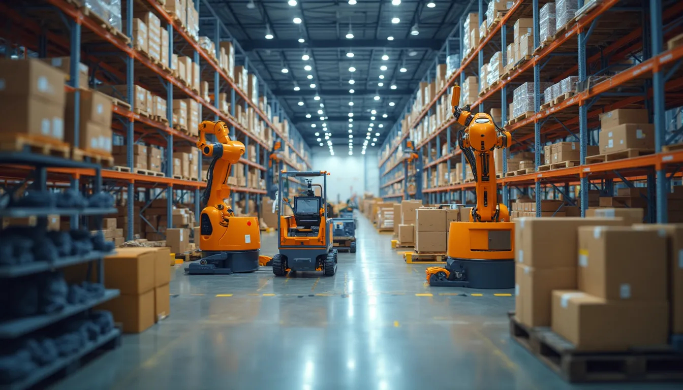 Armazém logístio com hacks de armazenamento e robôs automatizados operando.